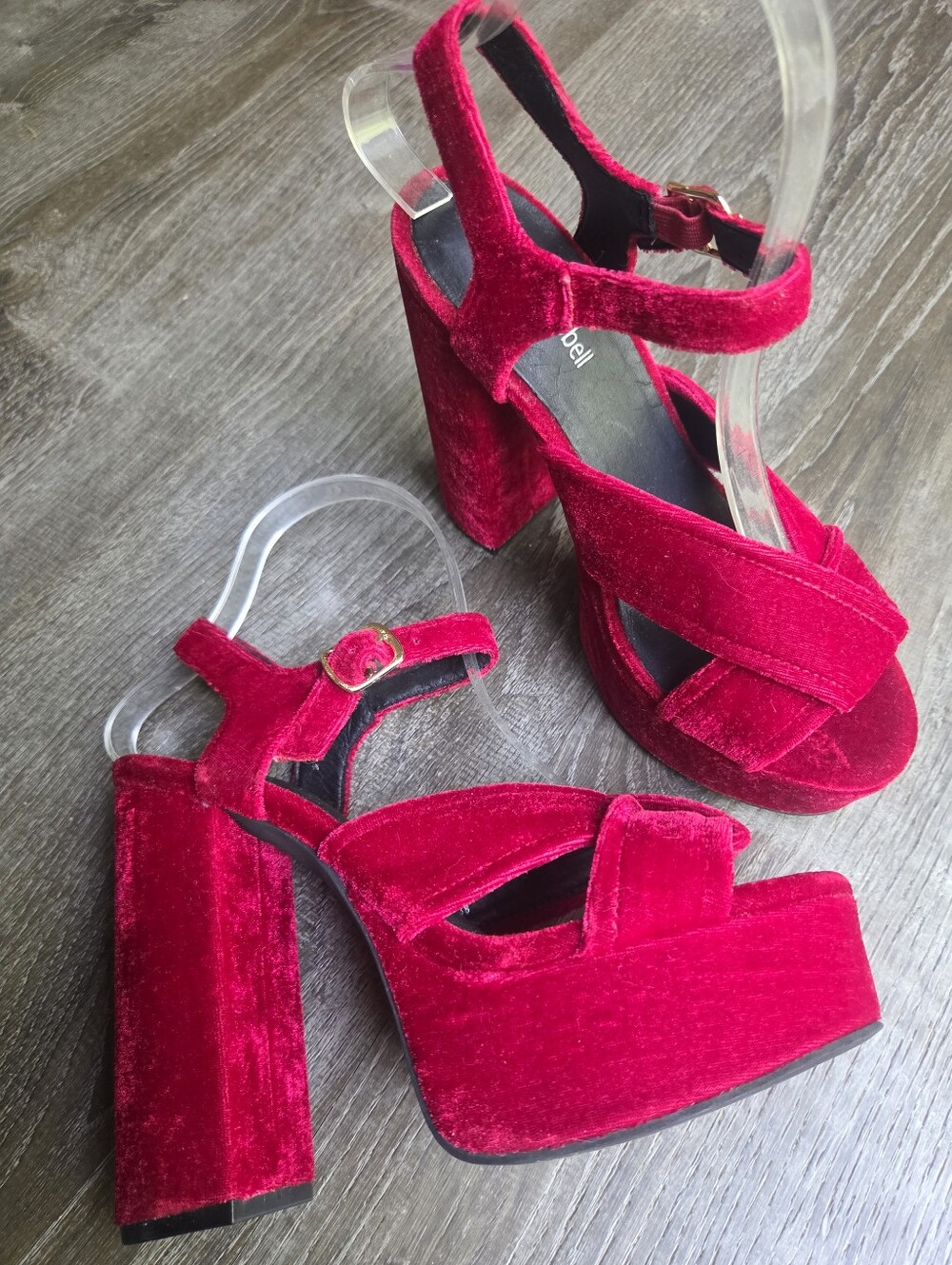 Jeffrey Campbell Amalia Red Velvet Ankle Strap Open Toe Strappy Platform Heels